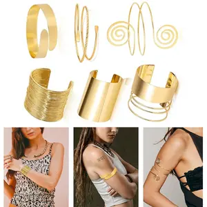6 piece Swirl Open Wide Wire Upper Arm Band Bracelets Chunky Gold Cuff Bracelets Adjustable Coil Swirl Upper Arm Cuff Jewelry Beauty & Personal Care