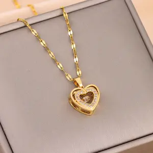 Trending Double-layer Heart Necklace With Rhinestones Titanium Steel Pendant Women's Jewelry Gold Tone Electroplated Stylish Comfortable Wear 21cm-50cm Perimeter