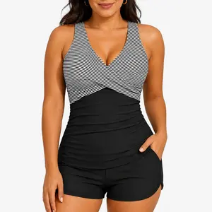 BeachRipple Swim 2026 New Women’s Tankini Swim Set with Ruched Tummy Control Top, Crisscross Back Adjustable Straps, Palm Print Shorts, Soft Stretch Two Piece Bathing Suit for Beach Pool