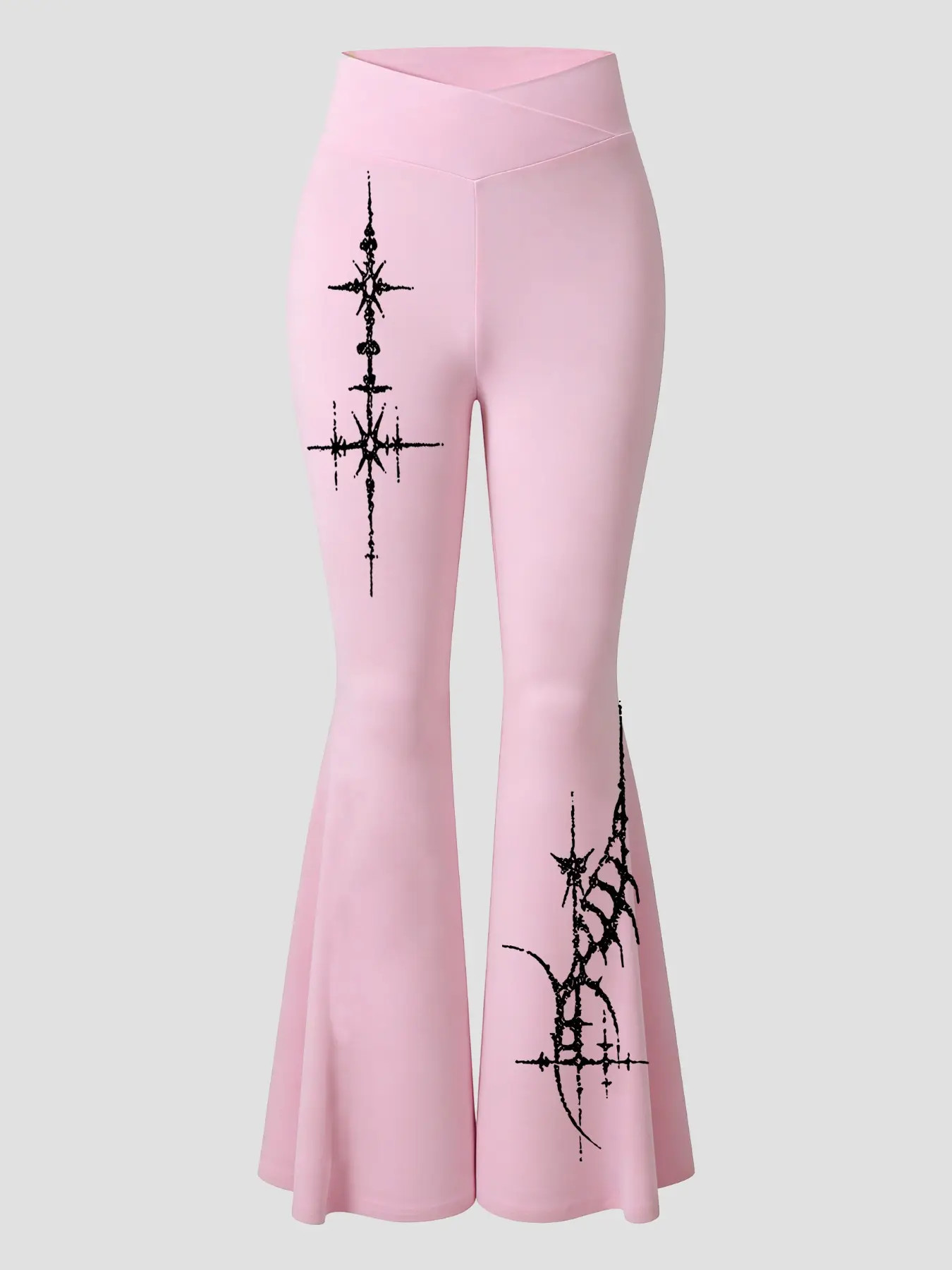 Women's leggings with a pink criss-cross waistband, flared leg design, and gothic pattern, Shaping Graphic Print Casual Leggings. Comfortable to wear, suitable for all seasons, and a stylish and versatile everyday pant for women.
