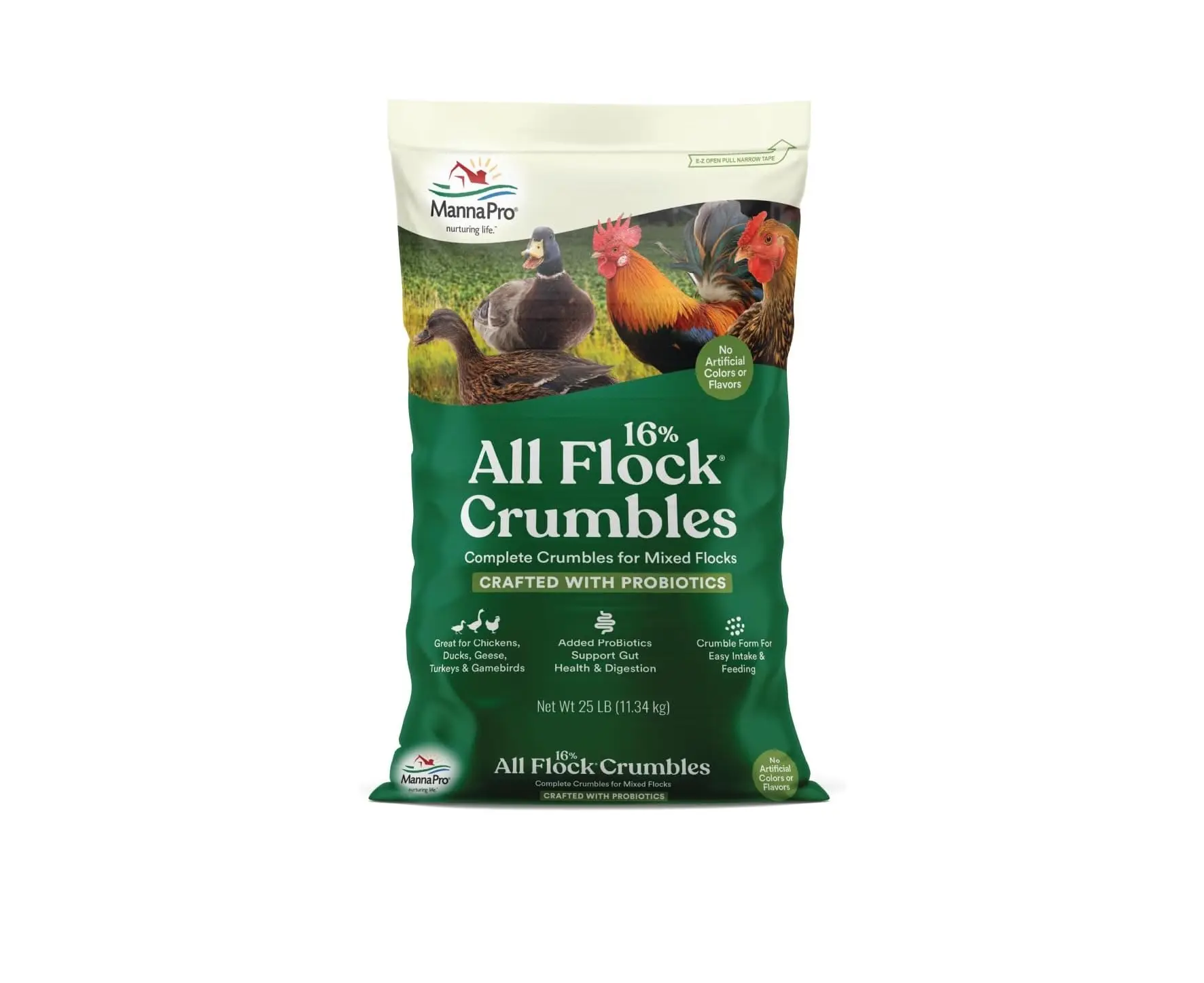 Manna Pro All Flock Crumbles – 16% Protein Complete Poultry Feed with Probiotics for Digestion, Crumbled Chicken & Game Bird Feed for All Flock Types, No Artificial Colors or Flavors, 25 lb