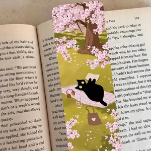 Black Cat Cherry Blossom Bookmark | Cute Cat Bookmark for Book Lovers | Sakura Bookmark | Spring Floral Bookmark | Gift for Cat Lover