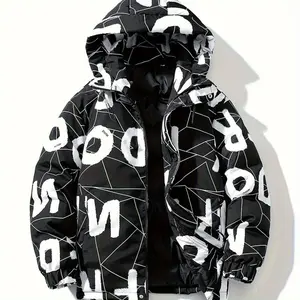 Men's Stylish Hooded Puffer Coat, Water-Resistant Breathable Polyester Outer Cotton Filled Loose Fit Zip Up Winter Jacket for Casual Outdoor Activities