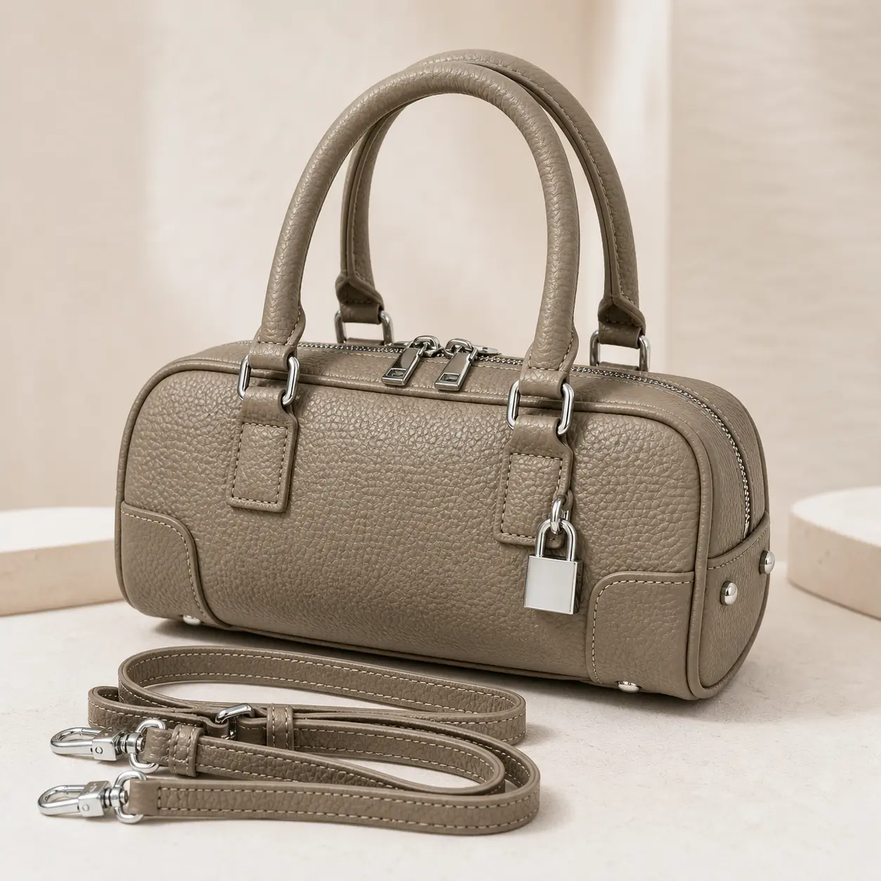 Beige Mini Barrel Bag, Convertible Genuine Leather Top Handle Crossbody Purse for Women with Lock Charm, Crossbody Bag For Women Handbag Shoulder Bag