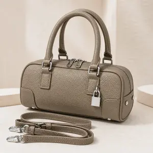 Beige Genuine Leather Mini Barrel Top Handle Crossbody Bag with Lock Charm