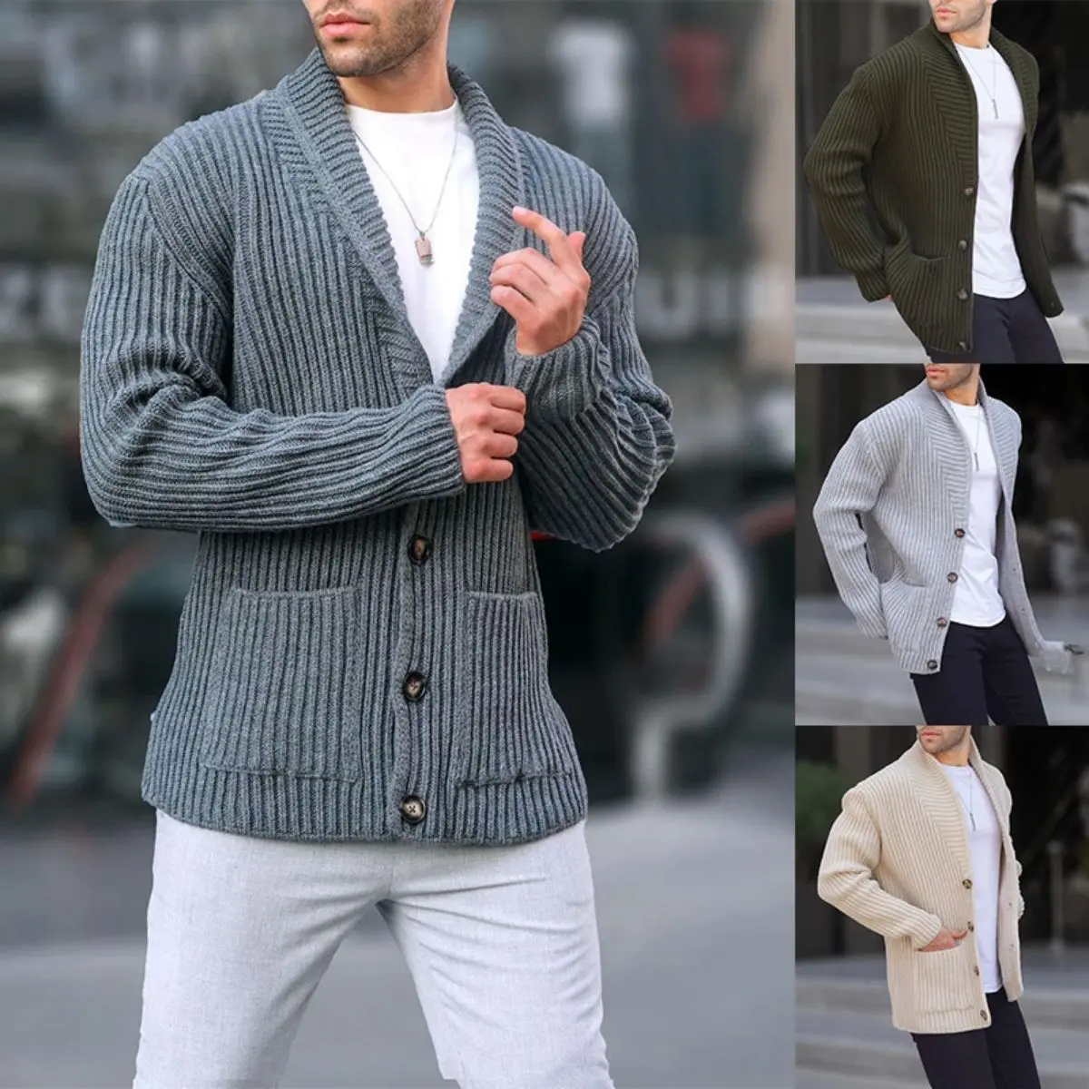 Men's Plain Long-Sleeve Loose Stretch Single-Breasted Lapel Cardigan, Acrylic Fabric Casual Knitted Sweater Top, Menswear Knitwear