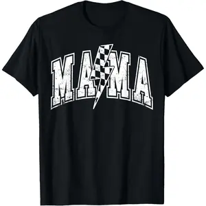 [100% Cotton] Mama Lightning Bolt Checkered Varsity Mom Women Mother's Day T-Shirt