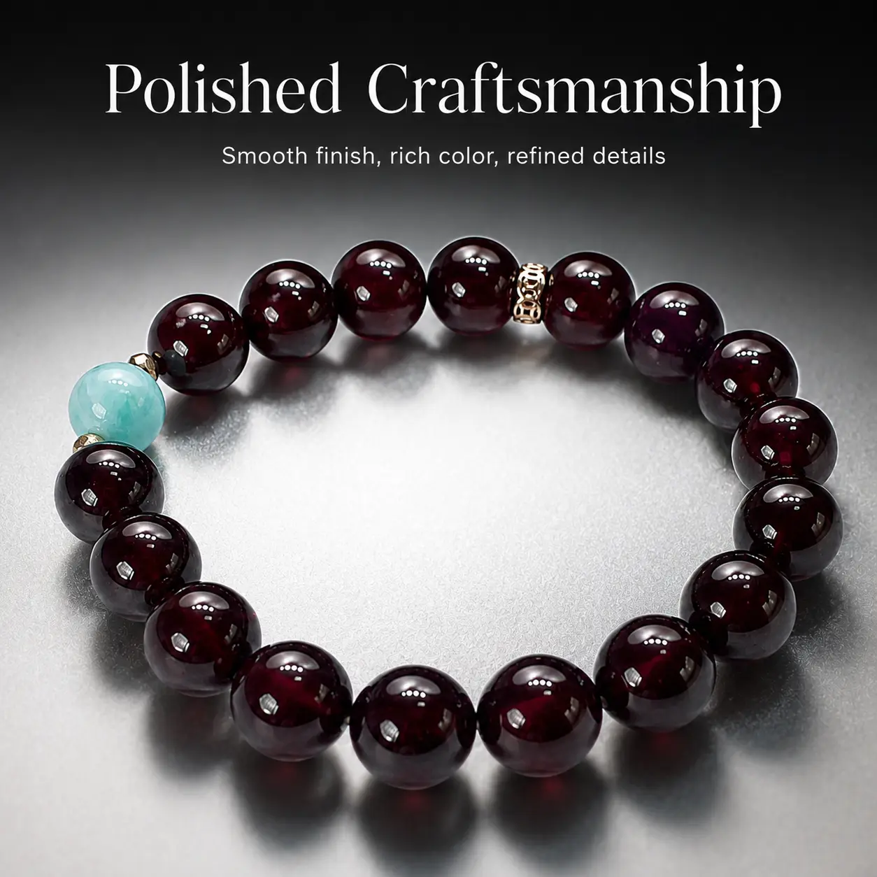 Lyn Zhen Jewelry: “Fire & Sea” high-end natural pomegranate gemstone DIY crystal bracelet made of 925 sterling silver with a natural wine-red pomegranate stone; paired with sea-pattern beads and S925 sterling silver components—women’s crystal jewelry.