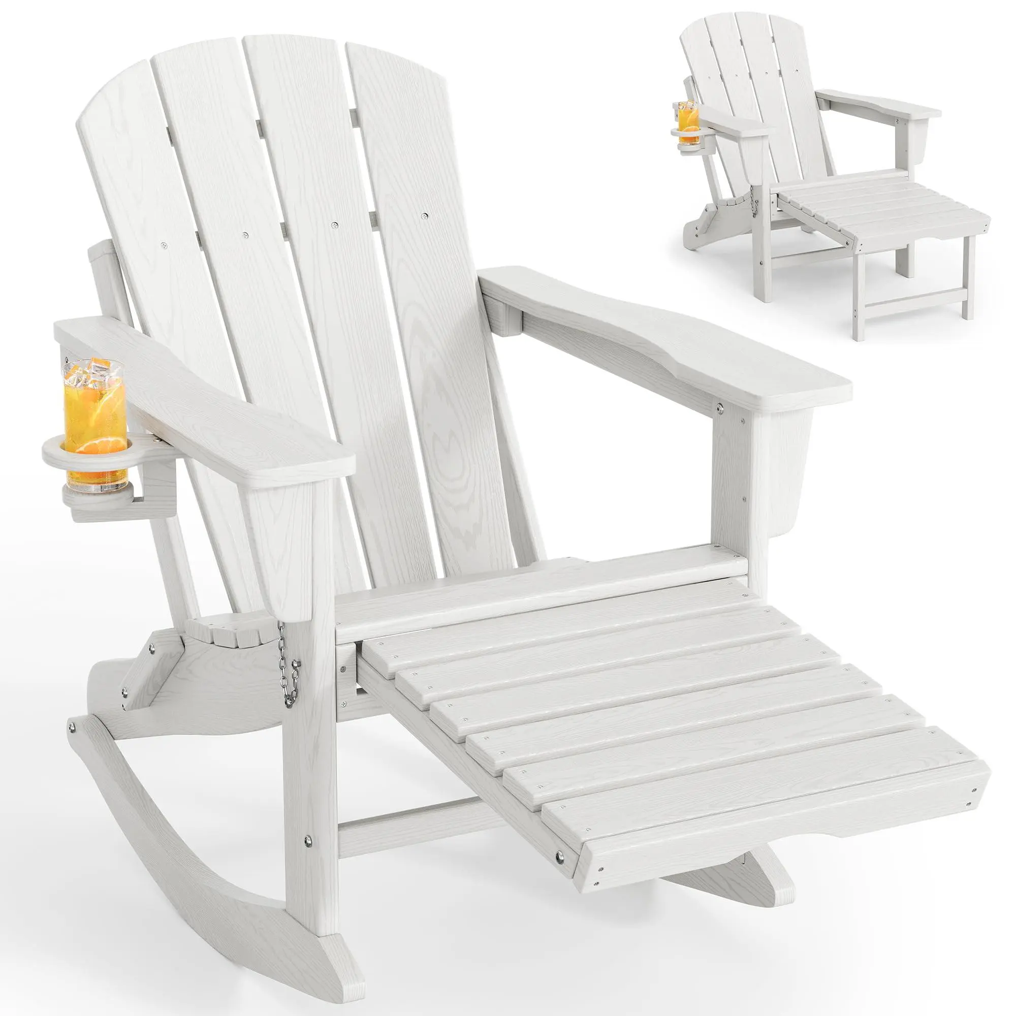 GARVEE Foldable Adirondack Shape Folding Chair with Retractable Ottoman, All-Weather HDPE Plastic Outdoor Rocking Chair, Wooden Textured with Cup Holder for Patios, Decks