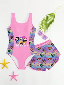 Girls' Cartoon Print Swimsuit Set, Gradient Rainbow Halter Top & Swim Pants, Cute Slim-Fitting Beachwear for Kids