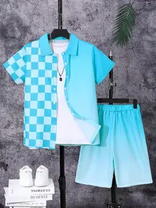 Boys' Blue Checkered Patchwork Short Sleeve Shirt Set, Summer Cool Two-Piece, Casual Fitted Suit Without Button or Collar