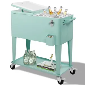 80 Quart Rolling Ice Chest, Portable Bar Drink Cooler with Catch Basin, Bottom Storage Tray and Bottle Opener for Patio Party BBQ Beach Activities