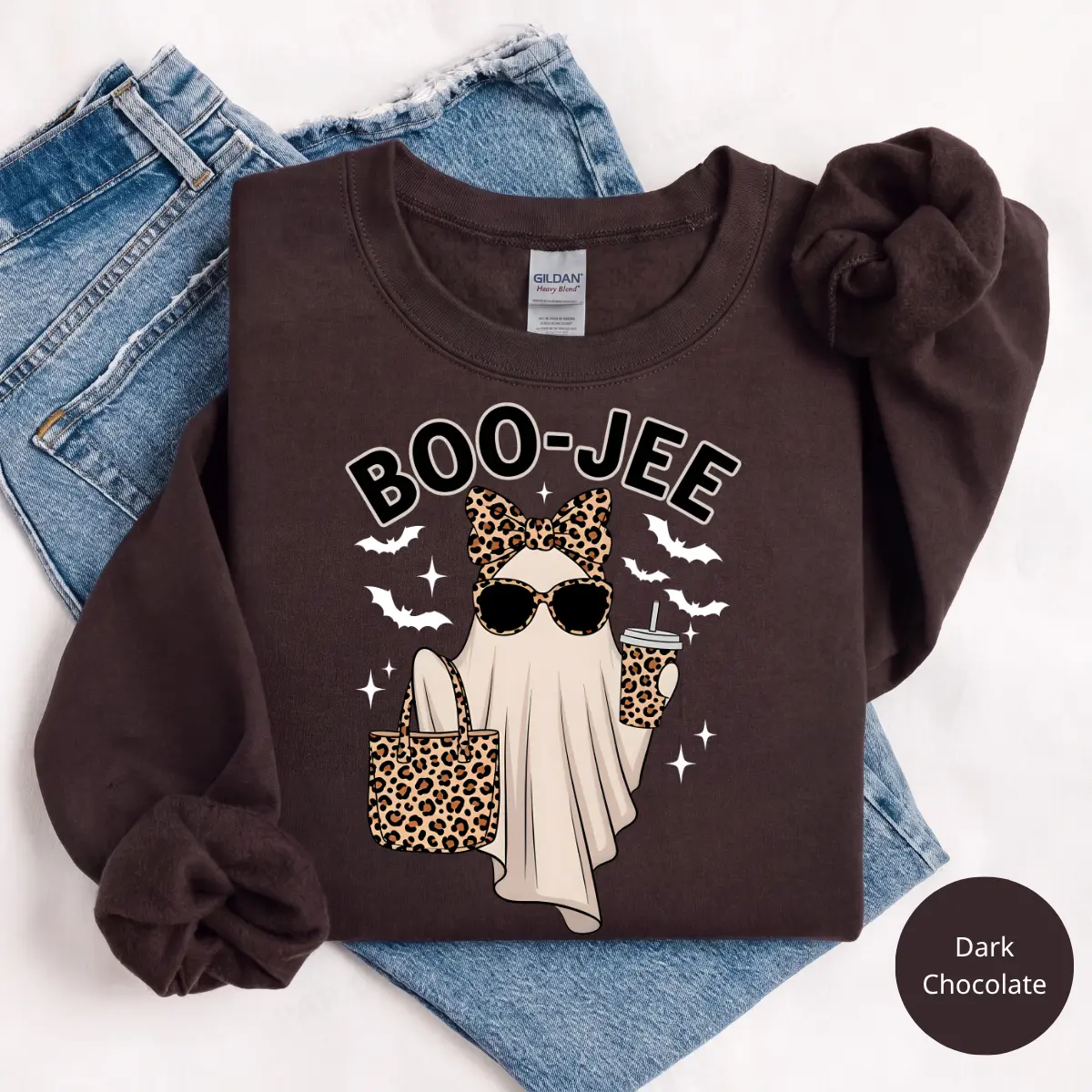Boo-Jee Ghost Gildan Sweatshirt or T-Shirt, Leopard Ghost Tee, Ghost Coffee Shirt, Funny Fall Shirt, Ghost Tee, Girly Halloween Gift