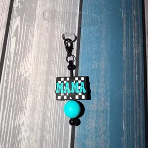 Cute Mama Phone Charm with Teal Bead and Checkerboard Design for Stylish Accessory