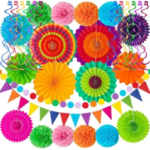 32Pcs Cinco De Mayo Fiesta Party Decorations Multi-Color Paper Fans Garlands Pennant Pom Poms Hanging Swirls for Birthday Wedding Rainbow Mexican Party