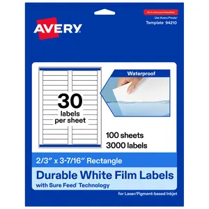 Avery Durable Waterproof Rectangle Labels with Sure Feed, 2/3" x 3-7/16"