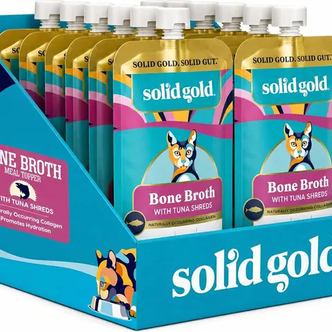 Solid Gold Bone Broth Tuna Meal Topper for Cats - Real Chicken Bone Broth, Premium Shreds, Collagen for Gut Health, Grain-Free Wet Cat Food Topper