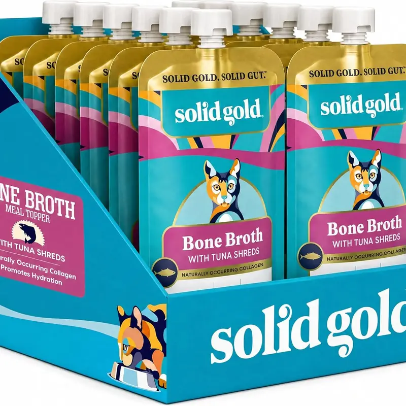 Solid Gold Bone Broth Tuna Meal Topper for Cats - Real Chicken Bone Broth, Premium Shreds, Collagen for Gut Health, Grain-Free Wet Cat Food Topper