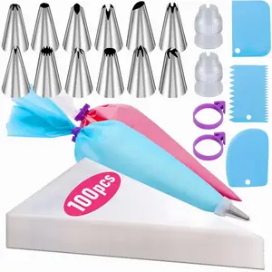 100 Pcs Piping Bags, Tips Set, Pastry & Icing Bags, 1 Reusable Piping Bag, 1 Couplers, 12 Frosting Tips,, 3 Cake Scraper Bakeware, Pastry Decorating Tools, Complete Kit