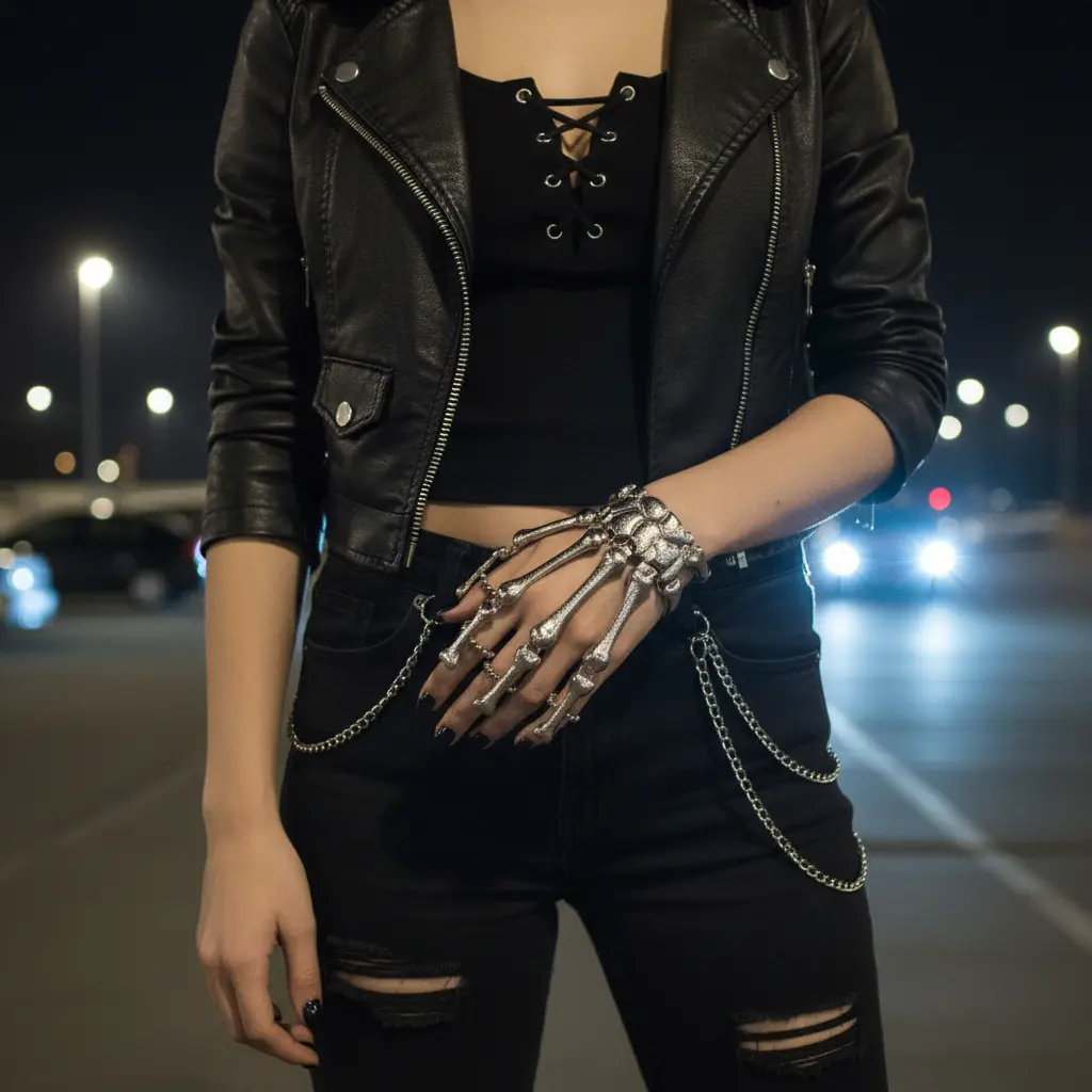 Women's Silver Metal Hand Chain Bracelet 5 Finger Skeleton Ring Skull Bones Bikers Adjustable Stretch Fit One Size Fits All Trendy Fashion Jewelry