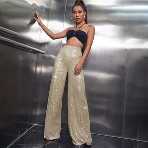 High-Waist Sequined Wide-Leg Loose Pants Euro Fashion for Women's Show Womenswear Bottom Beige Apricot Minimalist Basic Trouser Skirts Fitted
