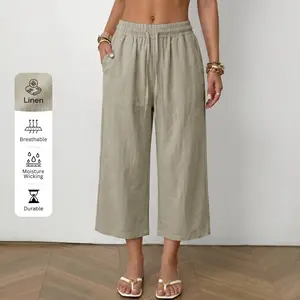 Summer linen breathable wide-leg pants for women, solid color, elastic waist, slimming, versatile 7/8 length trousers fathersdaygift