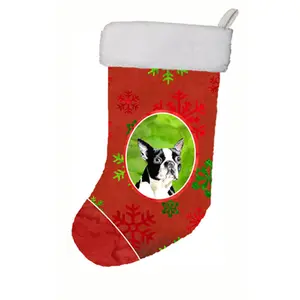 Carolines Treasures  11 x 18 in. Boston Terrier Red And Green Snowflakes Holiday Christmas Stocking