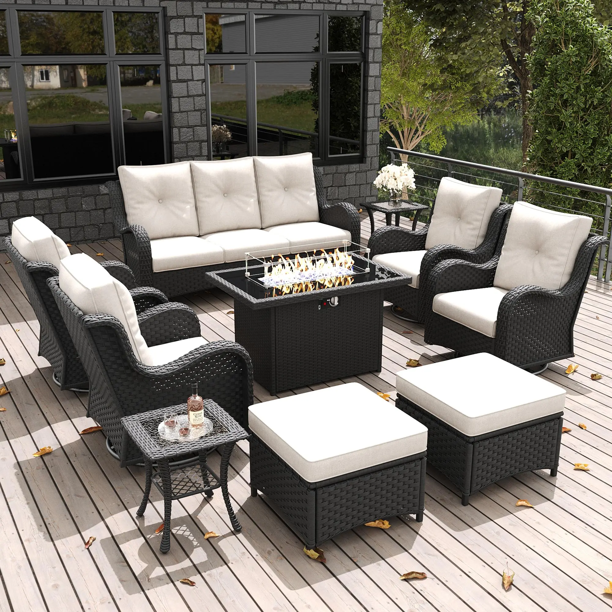 LayinSun 10 Pieces Outdoor Patio Furniture Set with Fire Pit Table, Rattan Wicker Sectional Swivel Rocker Chairs Sets with Ottomans, Swivel Glider Chairs and Coffee Table