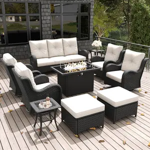 LayinSun 10 Pieces Outdoor Patio Furniture Set with Fire Pit Table, Rattan Wicker Sectional Swivel Rocker Chairs Sets with Ottomans, Swivel Glider Chairs and Coffee Table