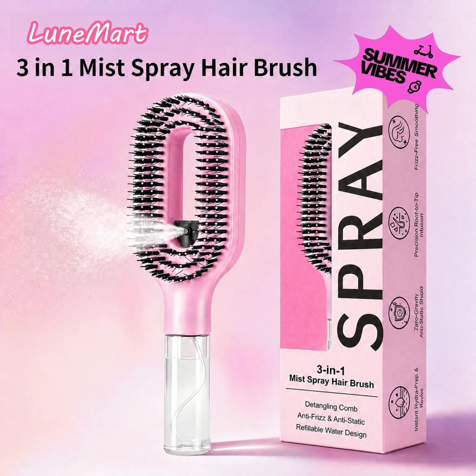 3-in-1 Mist Spray Hair Brush - Anti-Frizz Ionic Detangling Comb with Refillable 55ml Water Tank, Dual Bristle Design with Massage Tips for Dry, Curly & Thick Hair, Effortlessly Untangle Knotted Hair