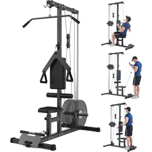 LAT Pulldown Machine Multi-Functional Cable System with Adjustable Pulley Stations & Leg Support for Home Gym Bicep Curl & Seated Rowing Workouts