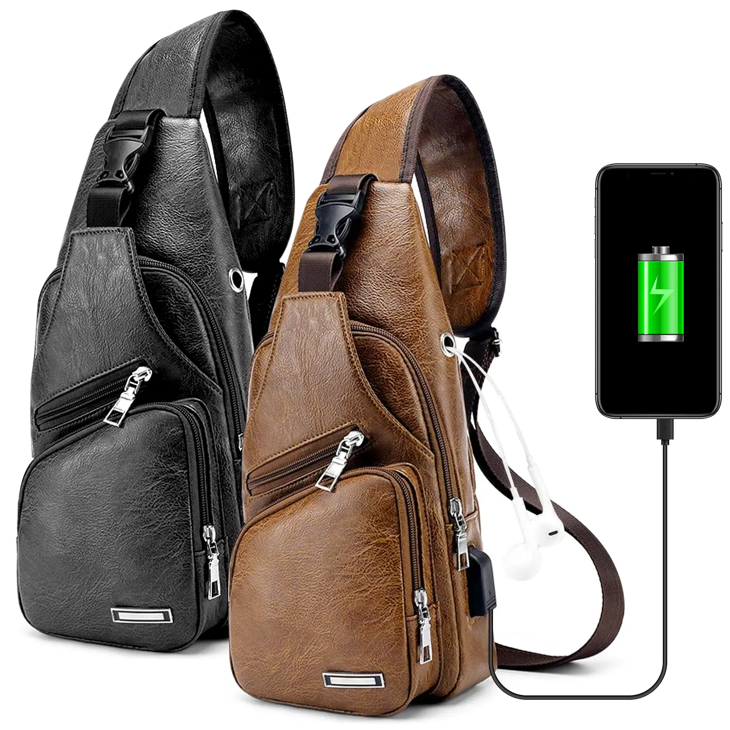Men Leather Sling Chest Bag,Built in USB Charging Port Earphone Hole,Multi Metal Zipper Pockets Large Capacity,Adjustable Shoulder Strap,for Travel,Cycling,Daily Casual Outdoor Use