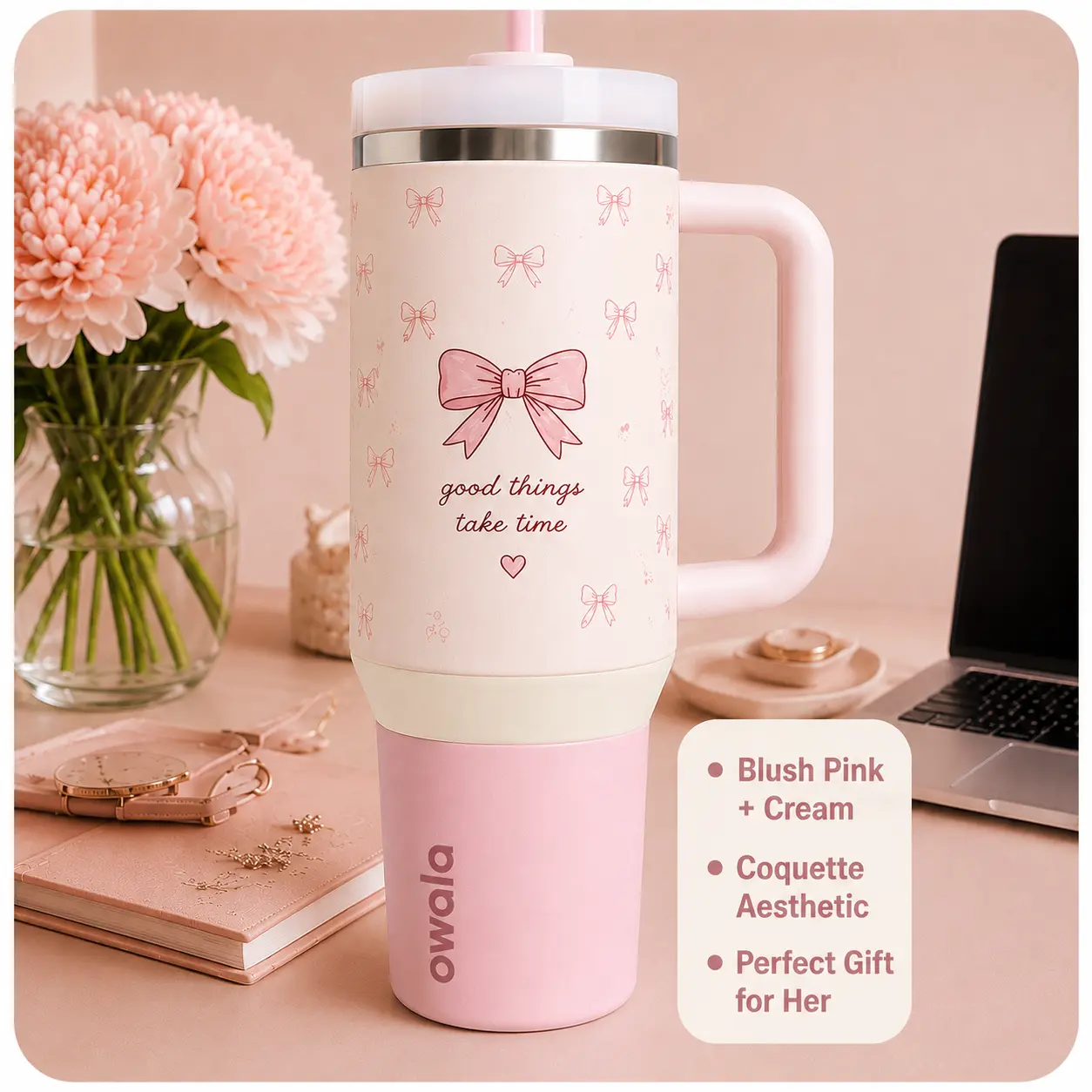 Owala Blush Pink & Cream Coquette Aesthetic Tumbler Perfect Gift for Her Good Things Take Time Design