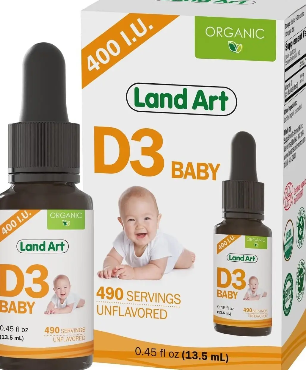 Land Art - Certified Organic Vitamin D3 Drops Baby – 400 IU per Drop – 490 Servings – Supports Bone & Teeth Development – Vitamin D Drops for Infants & Toddlers – GMO-Free - Gluten-Free – 0.45 fl oz