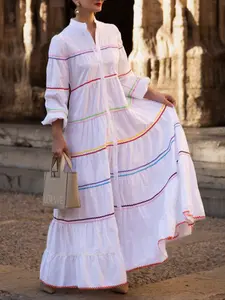 Women's Long Sleeve Striped Woven Shirt Dress, Loose Fit Stand Collar Bubble Sleeves, Casual Fashion Long Dress for Spring & Fall, Everyday