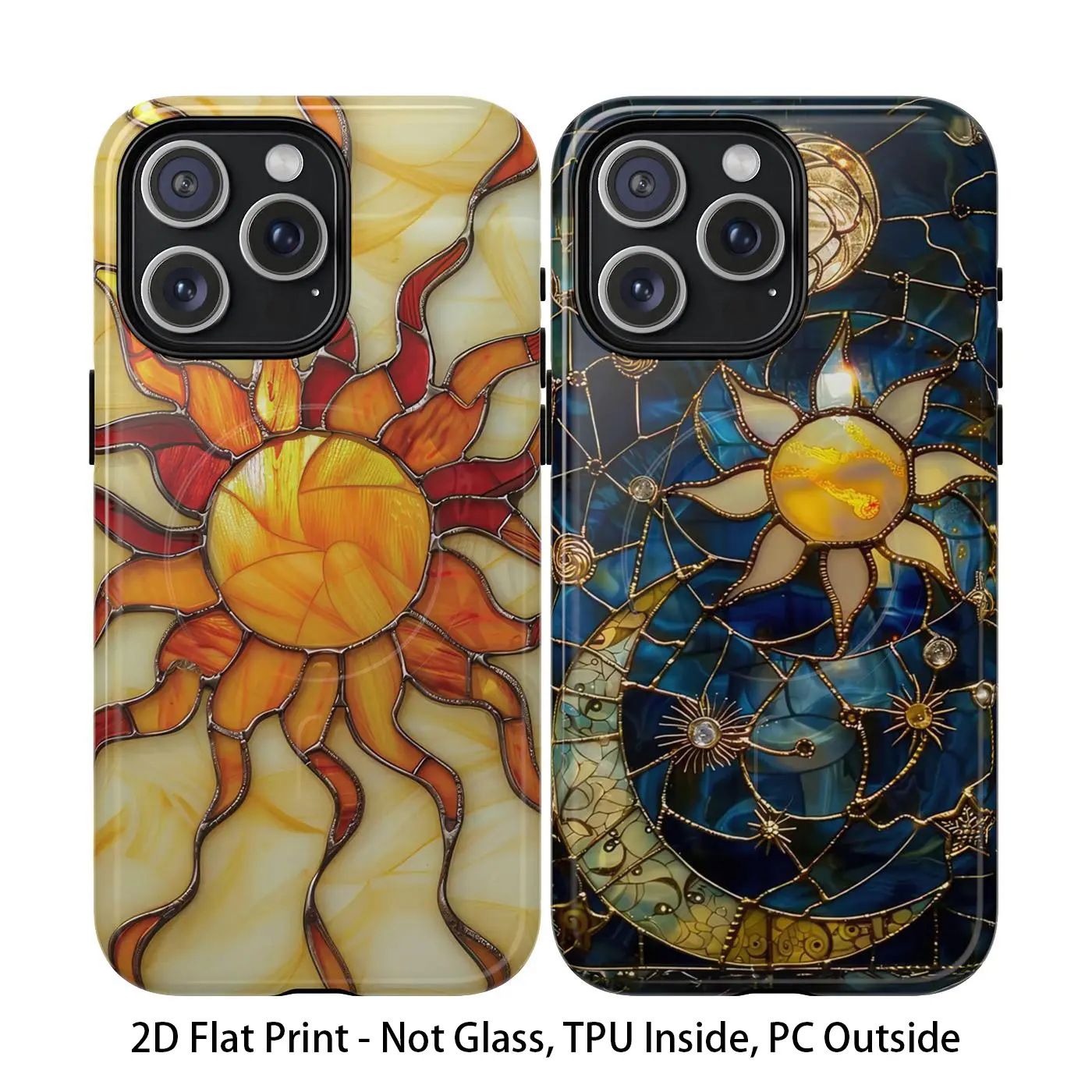 Yellow Gold Sun Stained Glass Printed Tough Phone Case for iPhone 16/15/14/13/12/11/X/Xs/Xr/8 Dual-Layer Defense Wireless Charging Ready Celestial Stars Print Fashion Trendy High Quality Design Accessories TPU & PC Materials - Smartphone