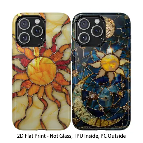 Stained Glass Printed Yellow Gold Sun & Celestial Stars Dual-Layer Cellphone Case - TPU & Polycarbonate Materials, Durable, Wireless Charging Ready, for iPhone 18 Pro Max,16,15,14,13,12,X,Xs,Xr,8, High-Quality Trendy Smartphone Accessory