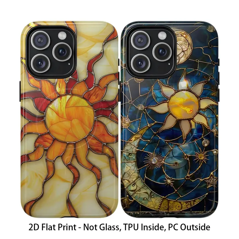 Stained Glass Printed Yellow Gold Sun & Celestial Stars Dual-Layer Cellphone Case - TPU & Polycarbonate Materials, Durable, Wireless Charging Ready, for iPhone 18 Pro Max,16,15,14,13,12,X,Xs,Xr,8, High-Quality Trendy Smartphone Accessory