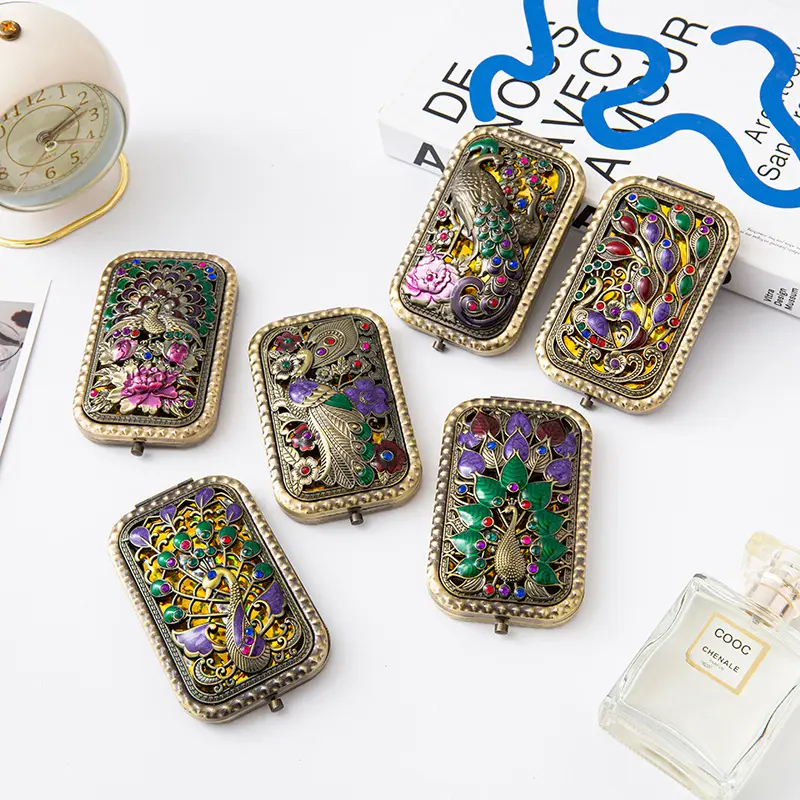 Women's Vintage Bronze Finish Metal Compact Mirror - Single Item, Rectangle, Double-Sided, Foldable, Pocket-Sized Travel Grooming Tool, Gift-Ready Cosmetic Accessory