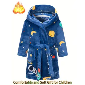 Cozy Youngsters' Space-Themed Flannel Bathrobe - Soft, Warm, and Fire-Resistant with Hood & Pockets |       Astronaut & Planets Design |       Ideal for Ages 2-11 |       Perfect Gift for Young Space Enthusiasts, Cozy Loungewear |     Astronaut Design |