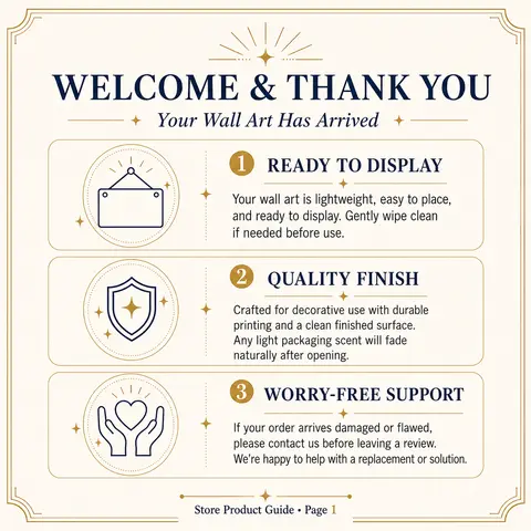 Metal Sign & Canvas Poster After-Sale Instructions Manual, Home Decor Wall Decoration - Decorative Use Wall Art Accessory with No Printing/Coating Notes & Worry-Free Support for Artistic Room Display