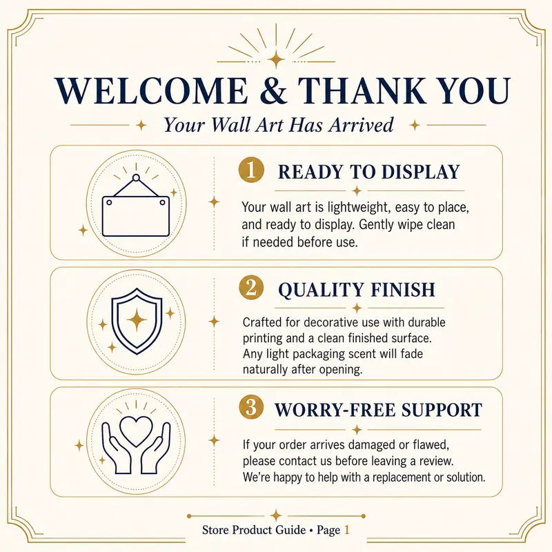 Metal Sign & Canvas Poster After-Sale Instructions Manual, Home Decor Wall Decoration - Decorative Use Wall Art Accessory with No Printing/Coating Notes & Worry-Free Support for Artistic Room Display