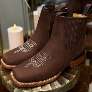 Toro Bravo SquareToe Botin for Men - Brown Color with White Embroidery