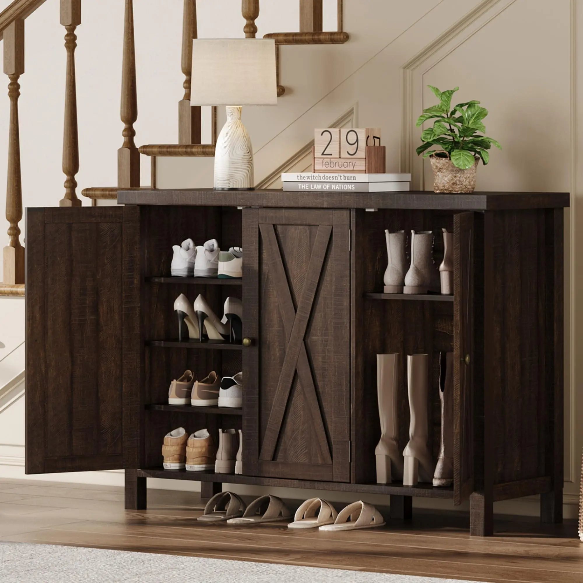 Dark Cherry Shoe Cabinet with Doors, Farmhouse 35 in Shoe Storage Cabinet, 4-Tier Entryway Shoe Storage, Large Shoe Organizer Cabinet for Living Room Hallway