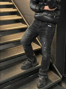 Men's High-End Casual Streetwear Loose-Fitting Jeans with Pockets, All Seasons Button Fly Zipper Flare Pants, Plain Water Washed Denim Bottoms