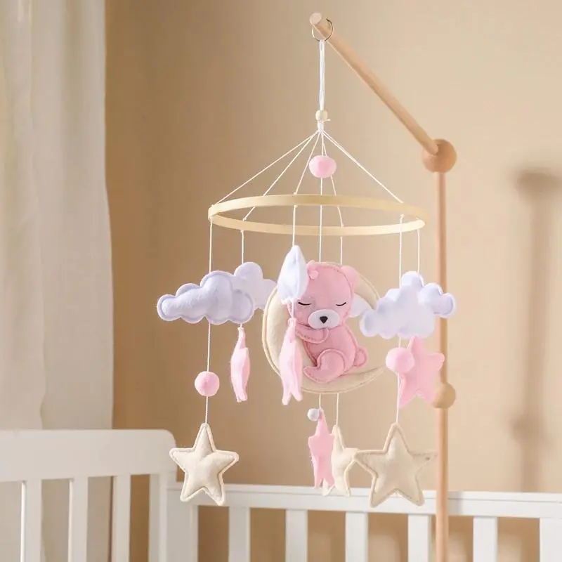 Crib Mobile Rattle Baby Wooden Bed Bell Baby Rattles Soft Felt Cartoon Bear Toys Crib Mobile Bed Bell Wood Toy Bracket Kid Gifts