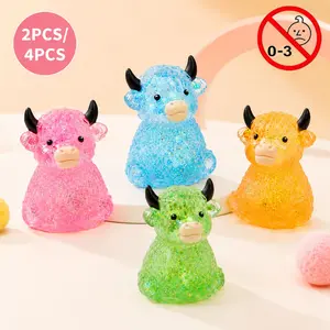 2PCS/4PCS Glitter Highland Cow Squishy Fidget Toy Soft Slow Rising Stress Relief Ball Sparkly Squeeze Sensory Toy For Teens Adults Cow Lovers Desk Relaxation Party Favor
