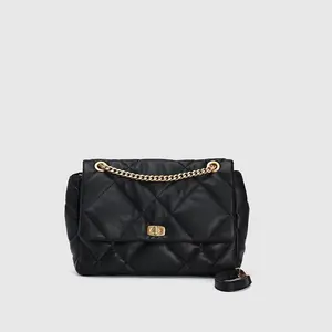 URBAN REVIVO Women's Diamond Quilted Crossbody Shoulder Bag - Artificial Leather, Chain Strap, Black Everyday Carry Messenger Bag
