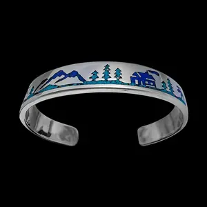 925 sterling silver Mountain Man cuff bracelet with Moose and Mountain Cabins