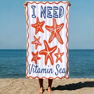 “I Need Vitamin Sea” [text with starfish on a striped background], nautical and whimsical art style. Sand-Free Beach Towel | Ultra-Light Microfiber | Quick-Dry, Compact for Travel